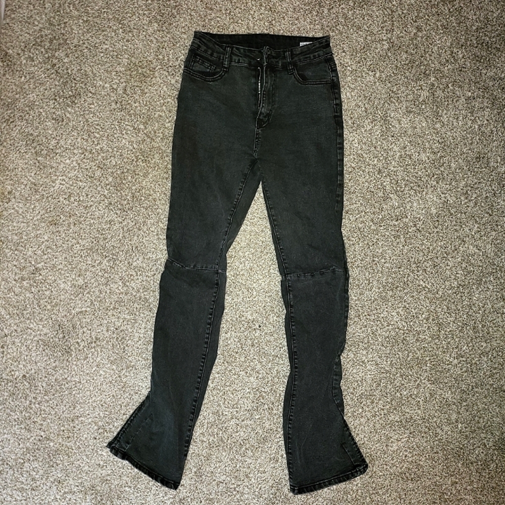 Black Ruched Scrunch Bottom Split Jeans